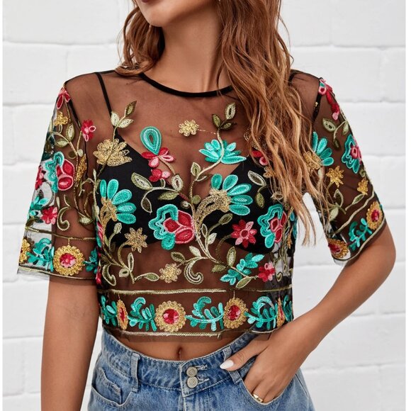 SHEIN Tops - Shein Embroidered Floral Leaf Sheer Black Mesh Crop Top Boho Festival